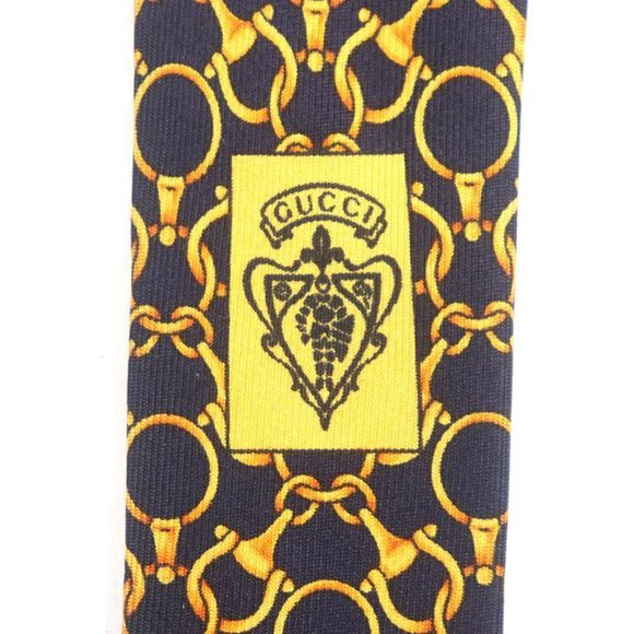 Gucci 100% Silk Cravat Bit Pattern Allover Tie Navy Gold Made In Italymade In - Picture 7 of 9